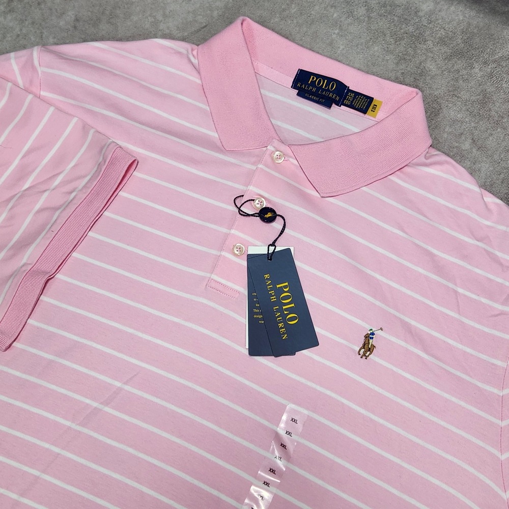 Polo Ralph Lauren Mens XXL Pink White Striped Classic Fit Polo Shirt‎ NEW